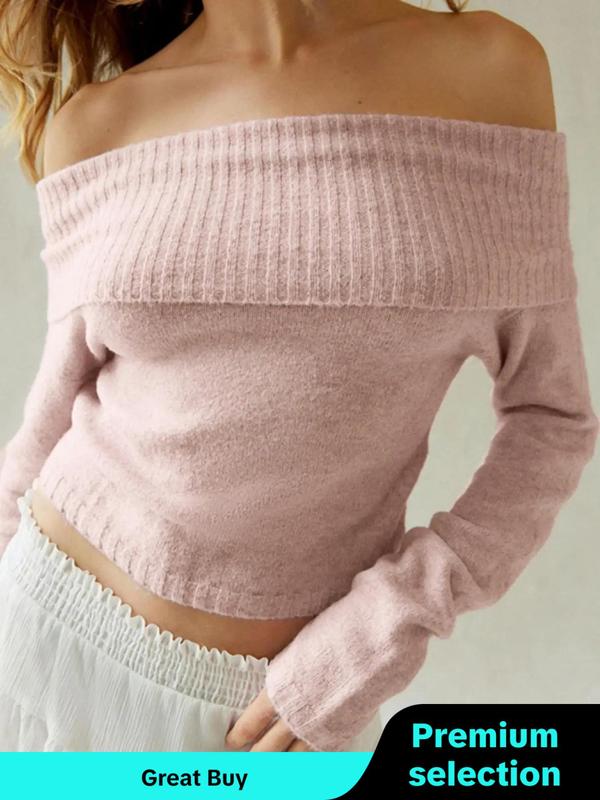 Women's Solid Color Off Shoulder Minimalist Sweater for Spring & Fall, Mean Girls Casual Chic Flattering Fit Long Sleeve Jumper, Women's Tops, Women's Sweaters Knitwear for Autumn Daily Wear, Women's Fall Clothing, Going Out Tops