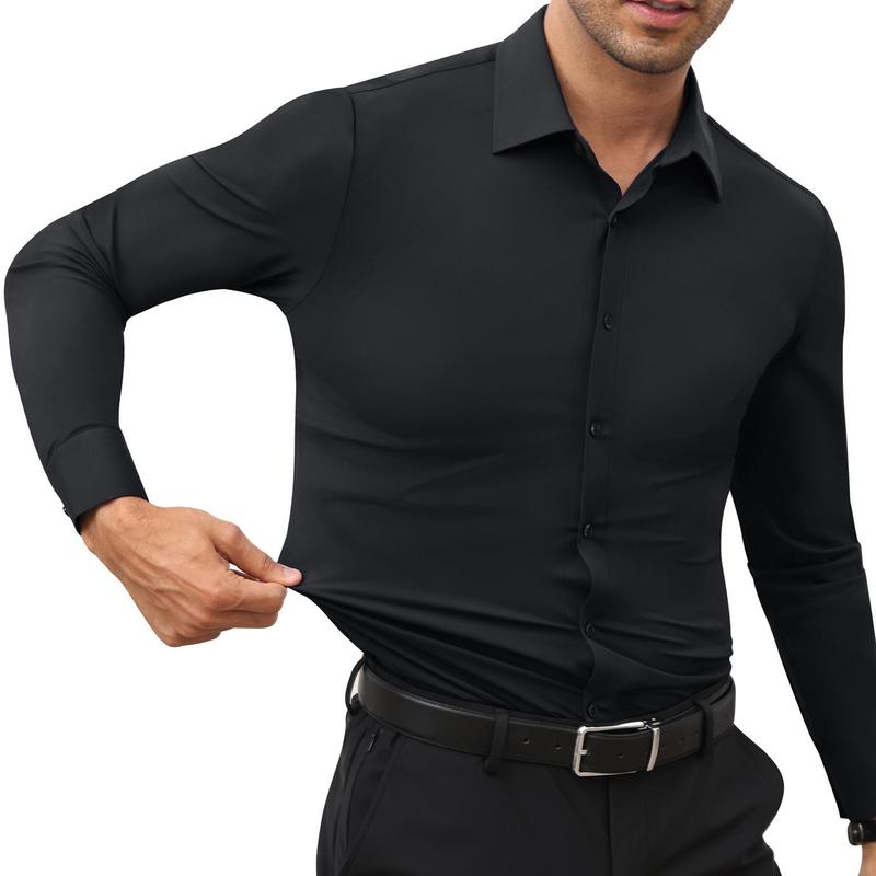 Elencoco Men's Super Stretchy Dress Shirt Quick-Drying Breathable Anti-Wrinkle Muscle Slim Long-Sleeved Business Sports Casual Black Top Outdoorfun Beige Fabric,Father's Day Gift Workwear Menswear,Tiktok shop deals,Gifts for him,Valentines day outfit Spri