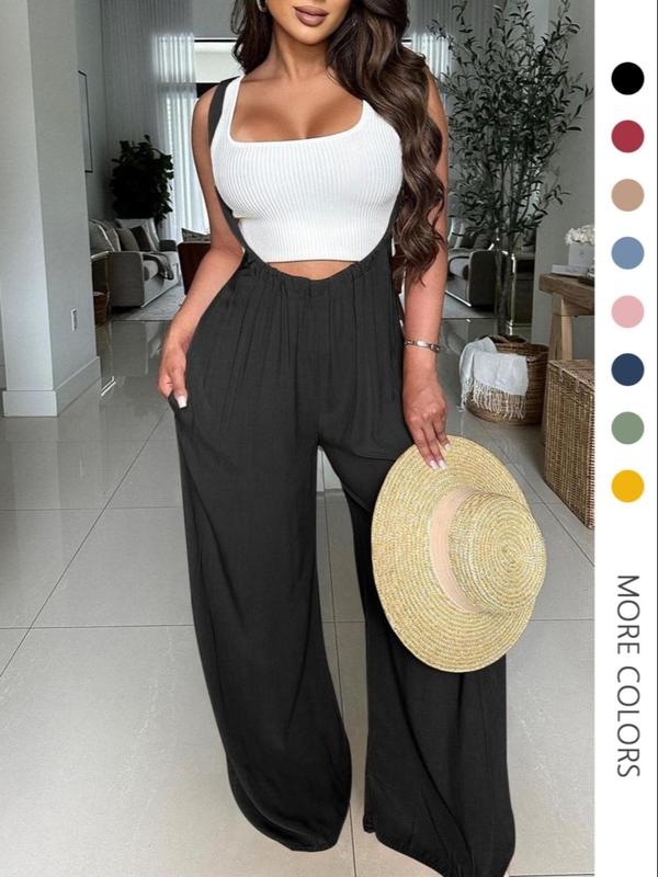 Women's Drawstring Tie Back Wide Leg Pocket Suspender Pants without Tank Top, Casual Loose Fit Jumpsuit for Summer, Pants for Women, Women's Bottoms for Daily Wear