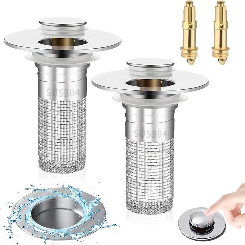 Stainless Steel Bathroom Sink Stopper, 1/2 Counts Anti-Odor Basin Bouncing Core, Pop-Up Bathroom Sink Plug, Sink Drain Stopper, Bathroom Sink Accessory for Bathroom & Bathtub