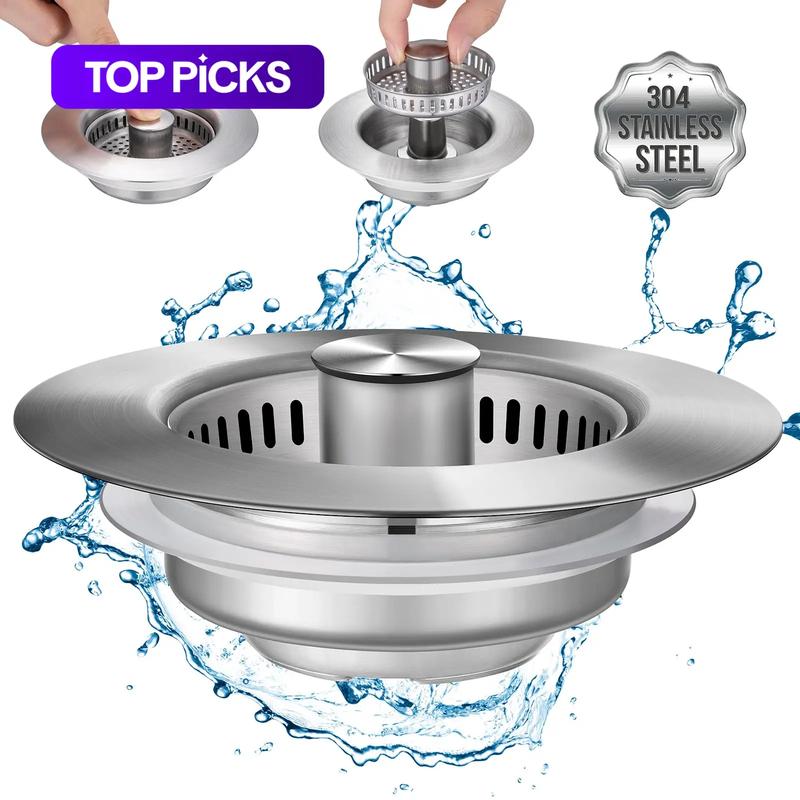 3 in 1 Kitchen Sink Drain Strainer, Stainless Steel Sink Stopper, Anti-clogging Drainage Odor Filter Sink Plug for US Standard 3 1/2 Inch Drain, Home Goods