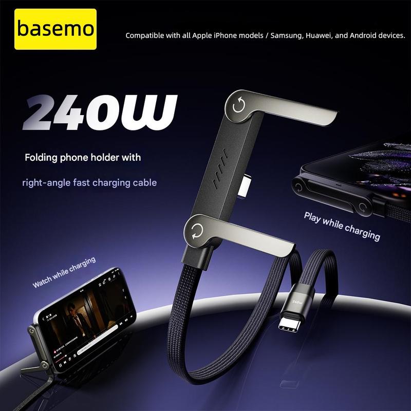 basemo Invisible Holder Charger Cable with Stand, 240w super fast charging 2-in-1 Fast Charging Cord & Phone Stand for Gaming, Office, Car Travel, Compatible with iPhone Samsung Type-C charging cable Black Electronic Smartphone