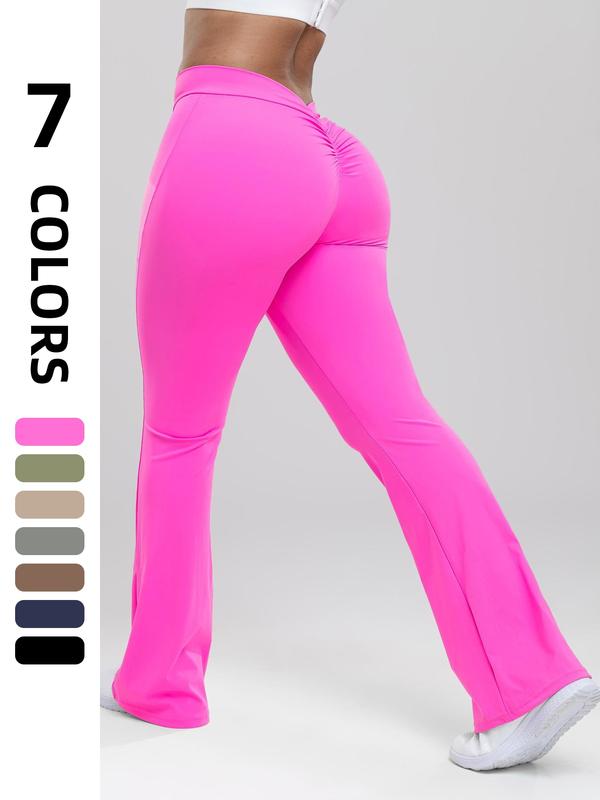 Women's High Waist Ruched Flare Leg Sports Groove Leggings, Solid Color Bell Bottom Trousers, High Stretch Seamless Yoga Legging, Ladies Sportswear Clothing for Indoor Outdoor Wear, Tummy Control, Scrunch Sports Leggings, Yoga Workout Pants