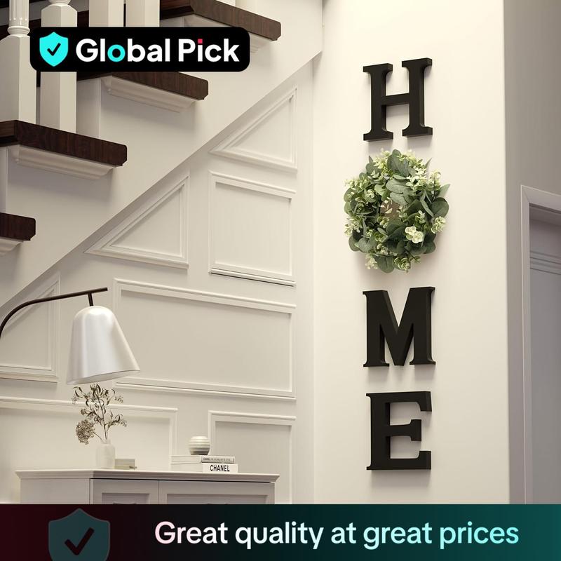 Wooden HOME Letters with Artificial Eucalyptus Wreath, Modern Hanging Farmhouse Sign, Wall Decor for Living Room and Kitchen and Christmas