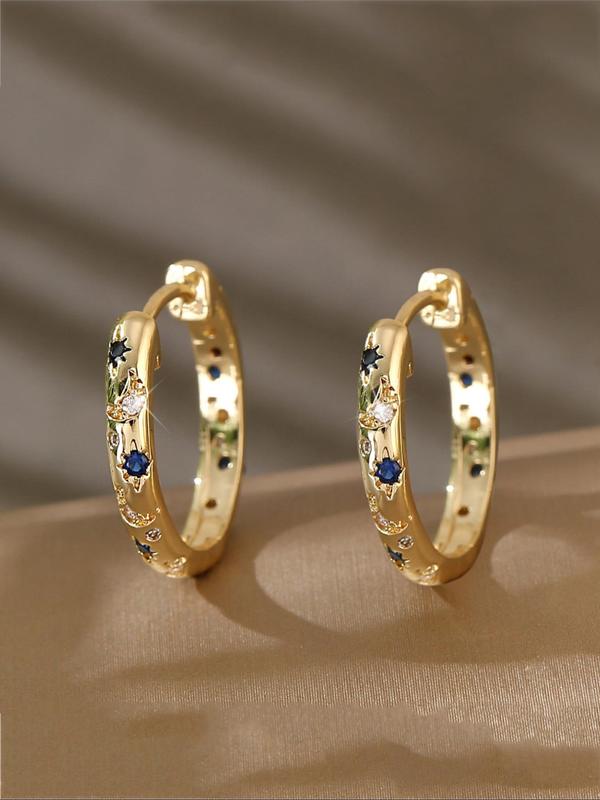 Vintage Star & Moon Decor Hoop Earrings, Fashionable Rhinestone Decorated Earrings for Women, Trendy All-match & Exquisite Jewelry for Birthday Gift, Statement Earrings, Fashion Accessory, Fashionable Jewelry Accessories