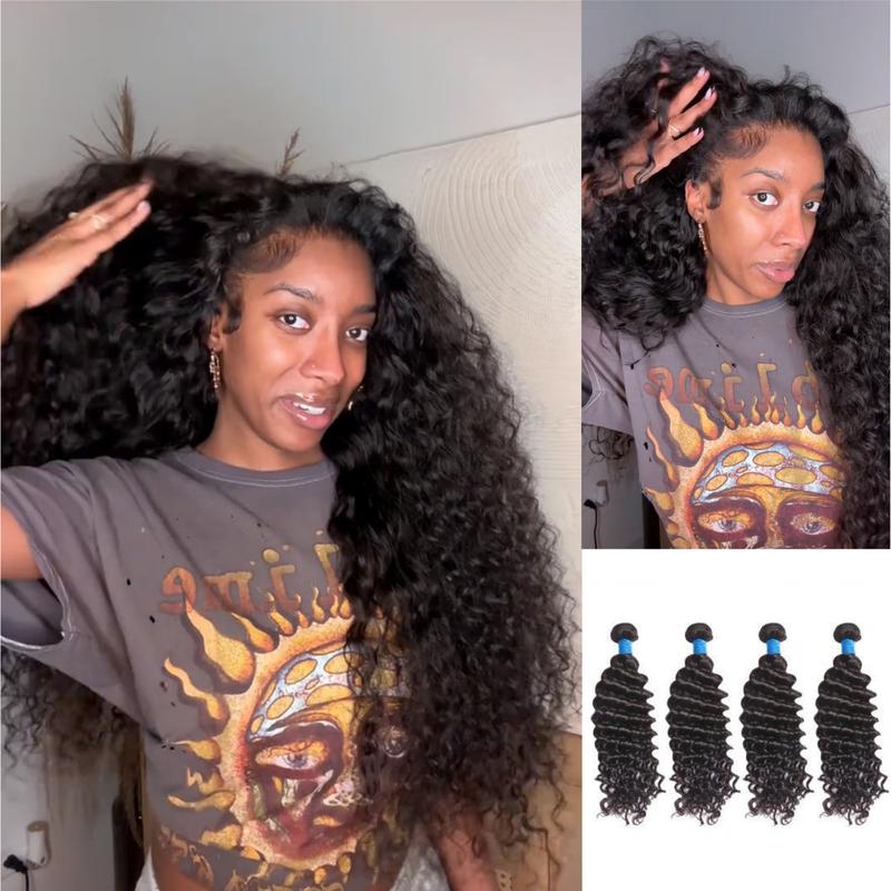 [Summervibes] Vacation Hair 10A Brazilian 100% Virgin Remy Human Hair Deep Wave Deep Curly Bundles Sew In Quick Weave Ponytail Closure Extensions One-directional Cuticles-sleek, Tangle-resistant, and Re-wearable 12-30 Inches Afro Kinky Bulk