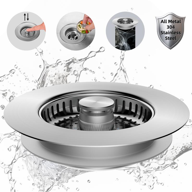 Hibbent Upgraded 3 in 1 Kitchen Sink Drain Strainer, Stainless Steel Pop Up Sink Stopper, Larger Anti-Clogging Basket, 3-Layer Seal, Detachable Drain Plug for US Standard 3-1/2" Drain, Brushed Nickel