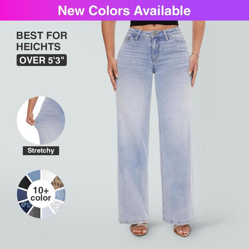 Magic ONESO Mid-low Rise Baggy Jeans Stretchy Wide Leg for Women Distressed Pants Womenswear Bottom 8001 Lady Basic Minimalist Comfortable Denim Tummy Control Curve Hugging Plus Size Regular Size BBL Spring Fashion Daily Outfits