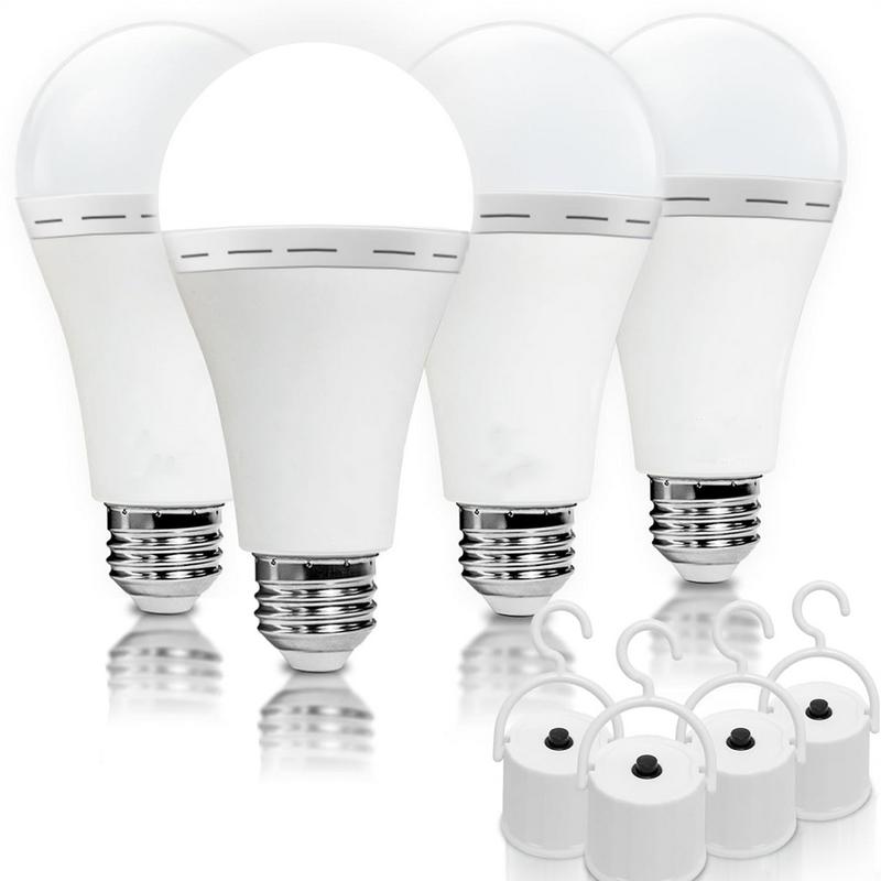 4 Pack Rechargeable Emergency Light Bulbs A19, Camping Lamp Battery Powered LED Light Bulb 6000K Daylight E26 E27 120 Volt 12W 60W Equivalent with 1200mAh for Home Power Outage Camping Hurricane