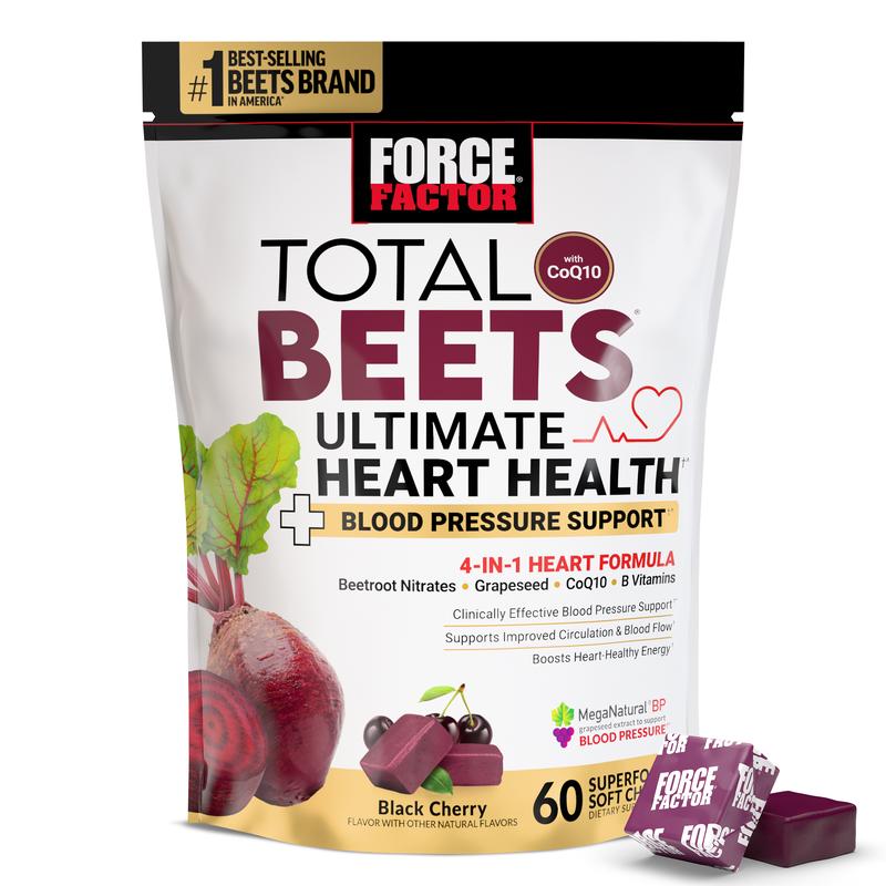 Force Factor Total Beets Ultimate Heart Health Chews for Blood Pressure Support, with Beetroot Powder, CoQ10, B Vitamins & Grapeseed Extract for Blood Flow & Energy, Pomegranate Berry, 60 Soft Chews
