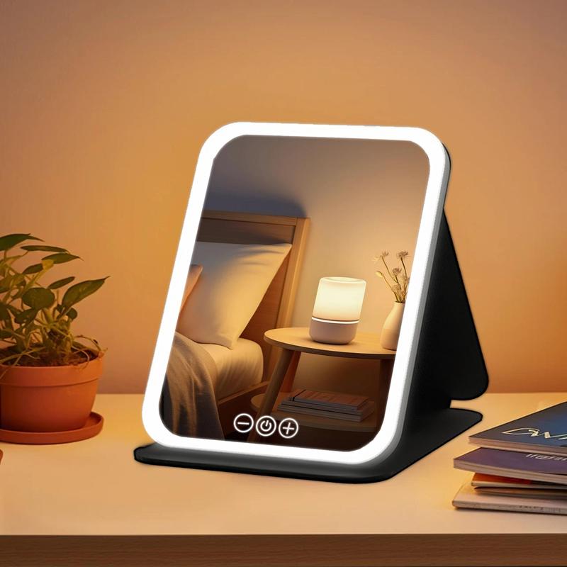 LED Makeup Mirror Rechargeable 3 Color Lights Foldable Travel Vanity Mirror with Touch Control Dimmable Rechargeable Lighted Mirror