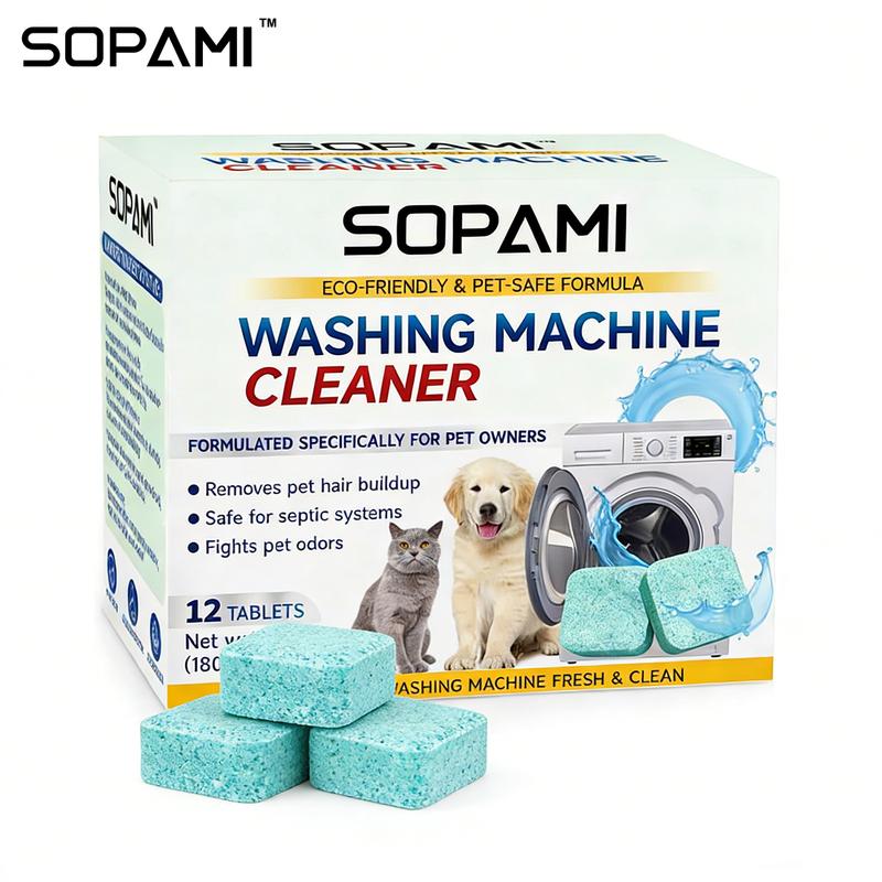 SOPAMI Washing Machine Cleaner Tablets 12 count formulated for pet owners fragrance free neutralizes pet odors removes pet hair buildup safe for septic systems dissolves dirt and residue