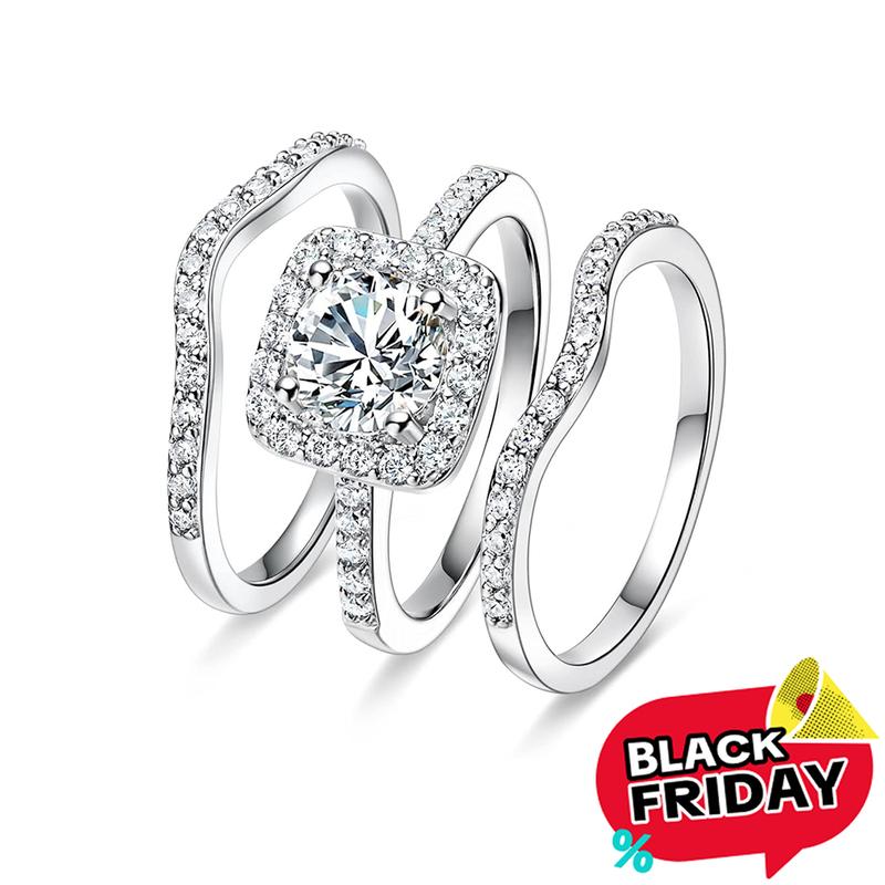 GEMSME 1.5 CT Round Cut Classic Three-in-One 3 Pieces Set Halo Wedding Engagement Promise Eternity Opal Ring for Women Mother Day Birthday Christmas Gift R-0969  Halo Ring Bridal Ring Set