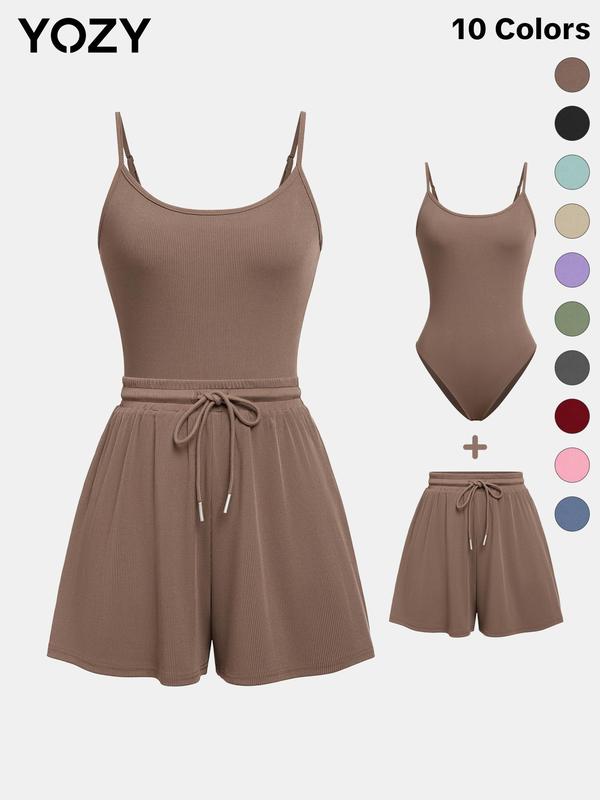 YOZY Adjustable Strap Cami Bodysuit & Drawstring Wide Leg Shorts Set/ Casual Round Neck Sleeveless Sphaghetti Strap Bodysuit & Elastic Shorts Set, Women's Wear for Summer, Womenswear