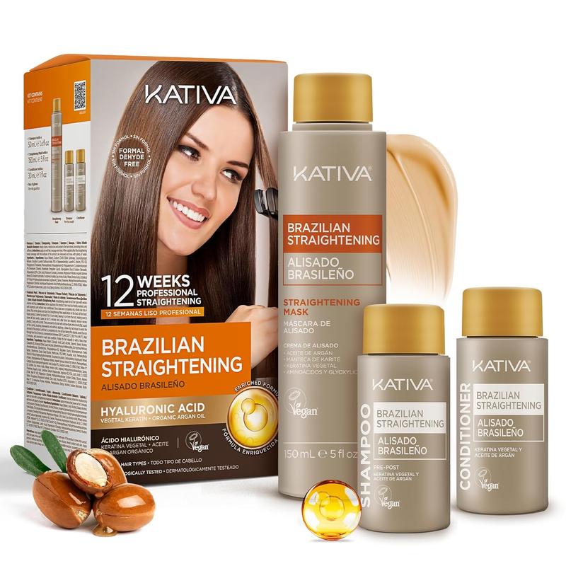 Kativa Brazilian Keratin Hair Straightening Treatment Kit, Formaldehyde-Free Haircare with Hyaluronic Acid & Argan Oil Blend, 12-Week Frizz Control, Silky Nourished Locks, Professional Salon Quality, for All Hair Types, Nourished Hair