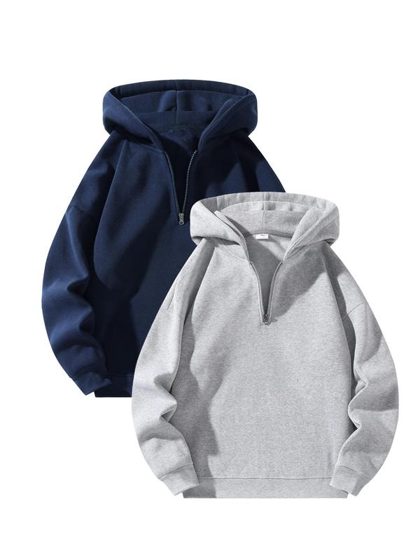 Men's Solid Half Zip Up Thermal Lined Heavy Hoodie, Regular Fit Casual Drop Shoulder Zipper Long Sleeve Hooded Sweatshirt for Fall & Winter, Men's Clothes for Daily Wear