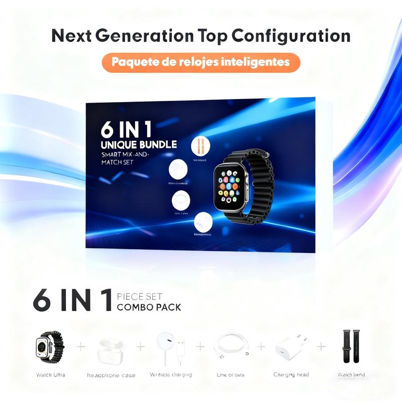 Bluetooth Headphones  6-in-1 Smart watch Kit 20W Fast Charger Type-C Cable Adapter Audio Support Compact Portable Wearable Tech Charging Wireless