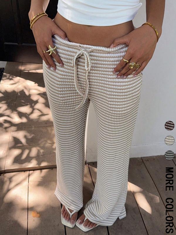 Women's Summer Knitted Striped Adjustable Drawstring Pocket Casual Loose Wide Leg Pants, Perfect for Daily Wear and Vacations