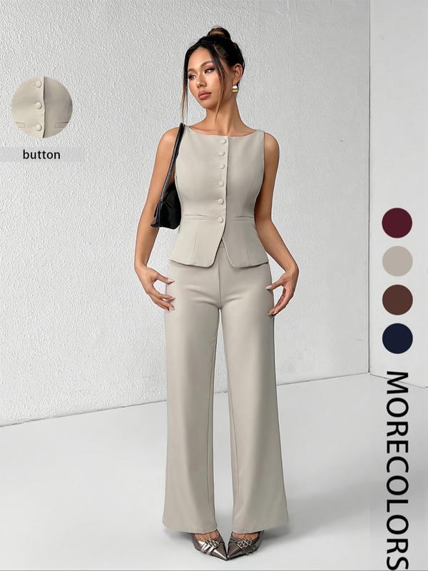 Women's Solid Button Front Sleeveless Tank Top & Wide Leg Pants Set, Fashion Clothes Set, Casual Minimalist Fashion Two-piece Set for Summer, Women's Clothing for Daily, Office Wear