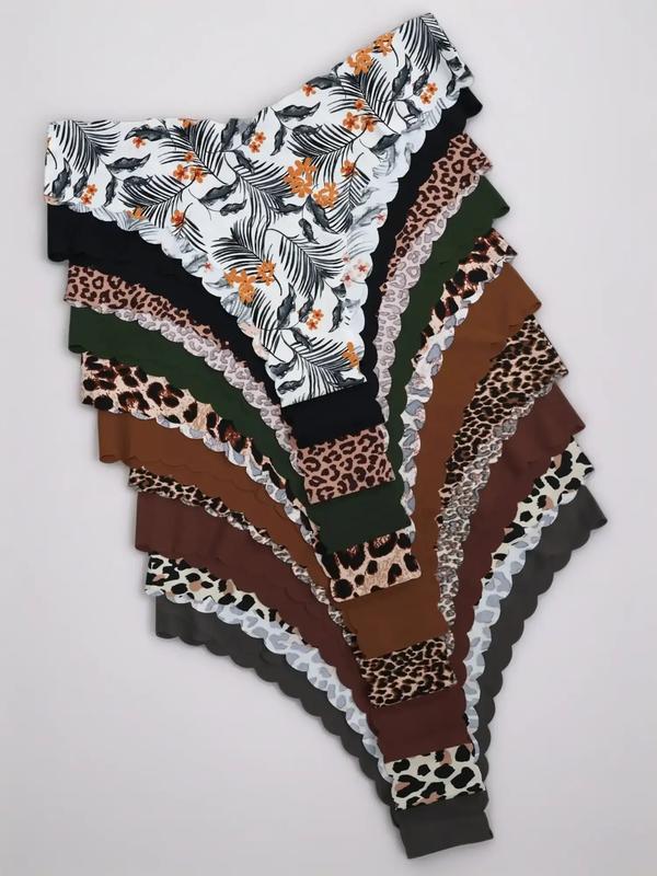 Women's Seamless High Elastic Scallop Trim Underwear Set, Comfortable Breathable Antibacterial Print Panties, Fitted Casual Fashion Everyday Style for All Seasons Womenswear