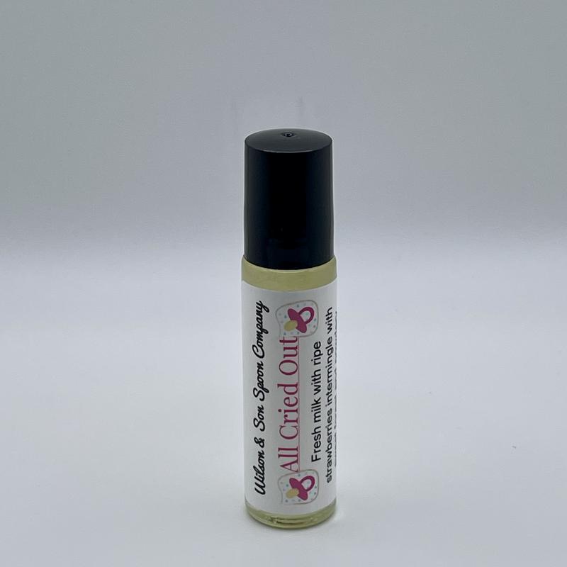 Unisex Scented Roll-On：On Body Oil - 2.5oz Almond Carrier Oil with All Cried Out Sweet-Savory Strawberry-Caramel Aroma, Wood Notes, Cosmetic Body Care Product