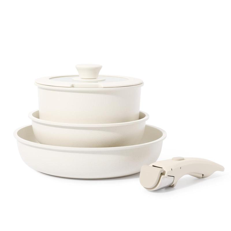 [Official] CAROTE 5pcs Detachable Handle Pots and Pans Set,Cream White Nonstick Cookware Sets , RV Cookware Set, Oven Safe