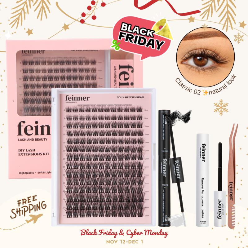feinner Classic DIY Lash Extension Kit Natural Look Waterproof with Bond Seal Remover Soft D Curl 8-16mm 8-12mm Mix for Beginners Friendly Salon Quality at Home Must-Have Cluster | Multiple options available