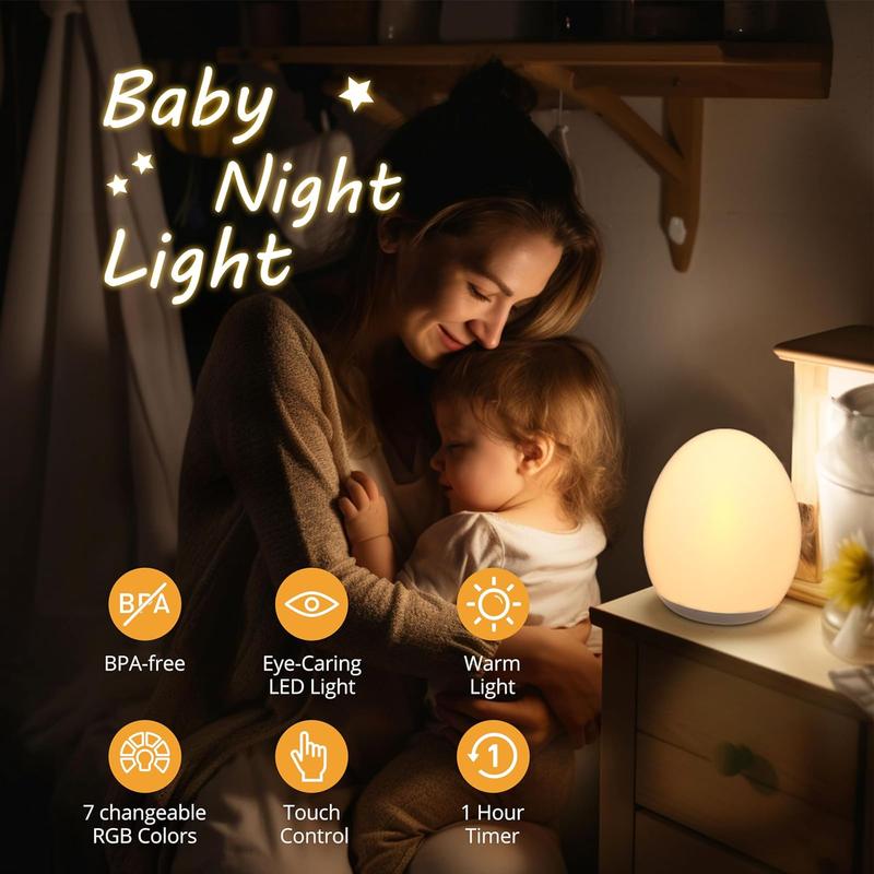 Portable Egg Night Light for Kids,Babies,  Rechargeable Tap Light with 7 RGB Colors,Touch Control Adjustable Rgb Lighting