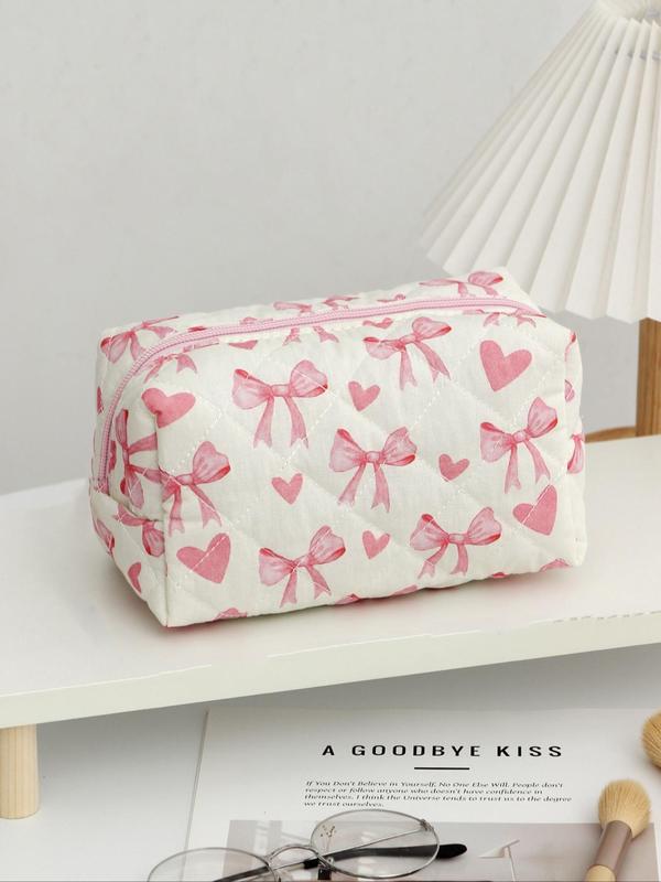 Cute Bow & Heart Pattern Makeup Bag, Large Capacity Cosmetic Storage Bag, Zipper Makeup Organizer Pouch, Versatile Storage Bag for Women Travel & Daily Use, Travel Cosmetic Bags, Cosmetics Organizer