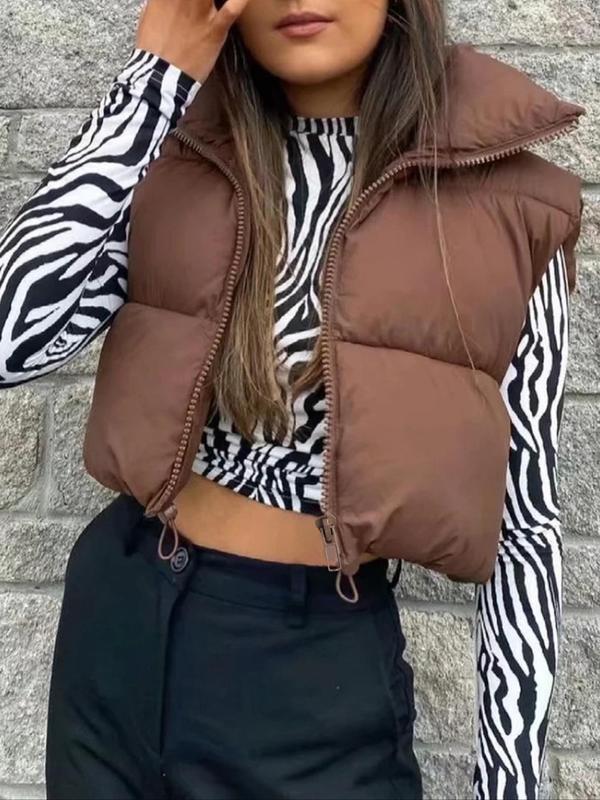 Women's Solid High Neck Zip Up Puffer Vest, Casual Cozy Thermal Outerwear for Fall & Winter, Women's Clothing Tops for Daily Wear, Winter Clothes Women, Fall Outfits, Earthtone Fallfreshness, Fall Clothes