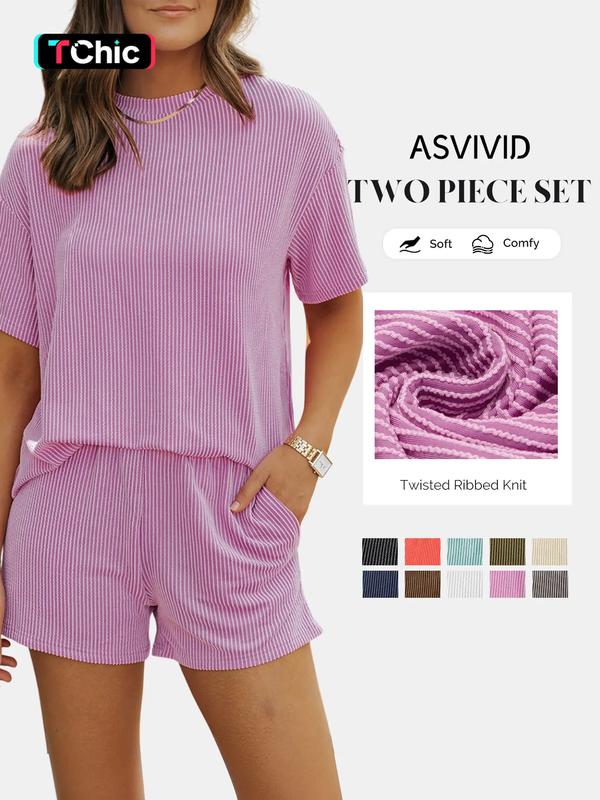 Women's Solid Soft Twisted Ribbed Knit Textured Pocket Shorts Set, Casual Short Sleeve T-shirt & Elastic Waist Shorts, Ladies Summer Clothes for Daily Wear