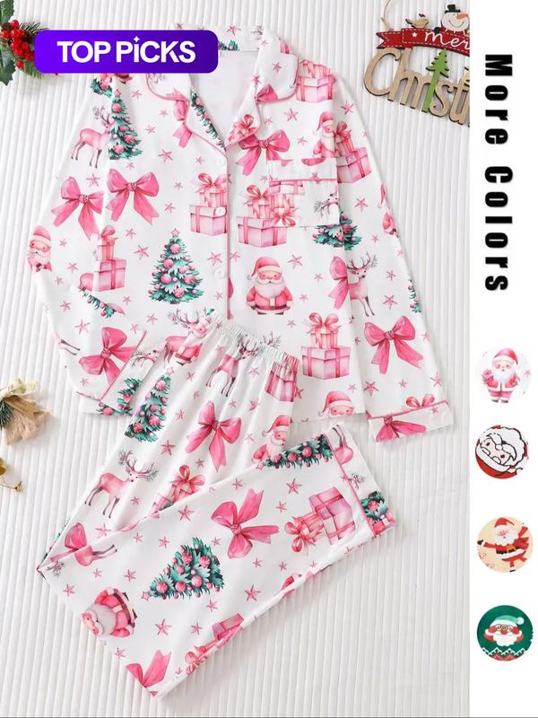 Two-piece Set Women's Christmas Print Button Front Pocket Shirt & Elastic Waist Pants Pyjama, Casual Comfy Long Sleeve Collared Top & Trousers Pajama Set, Women's Sleepwear for Spring & Fall