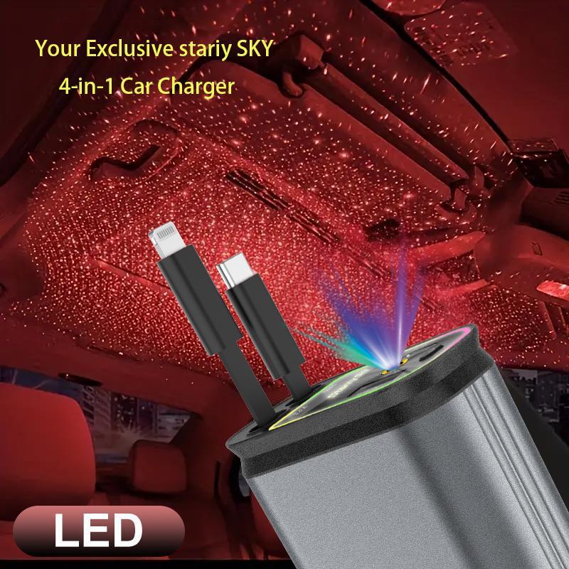 Starlight In  Roof Retractable Charger with Lightning Cable, Dual Charge Port , Fast Charging Adapter -Automotive 4-in-1  car charger  red light