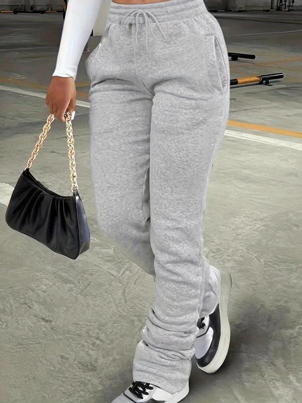 Women's Plain Pocket Drawstring Waist Stackable Sweatpants, Casual Basic Stack Pants for Daily Wear, Ladies' Bottoms for All Seasons, Casual Sport Trousers