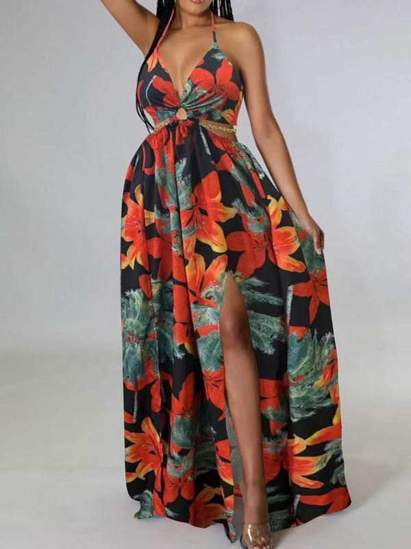 Women's Floral Print Chain Decor Split Thigh Tie Back Cami Dress, Casual Ring Linked Halter Backless Maxi Dress For Beach Holiday Vacation, Ladies Summer Clothes