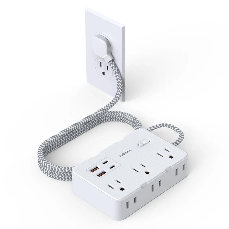 Flat Plug Surge Protector Power Strip, 5 ft Braided Flat Extension Cord with 4 USB Ports, Compact Desk or Wall-Mount Charging Station for Office, School and Dorm