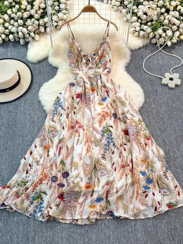 Women's Boho Style Floral-Print Spaghetti Strap Cami Dress, Bohemian Fashion Casual A-Line Dress for Beach Holiday Vacation, Perfect for Summer