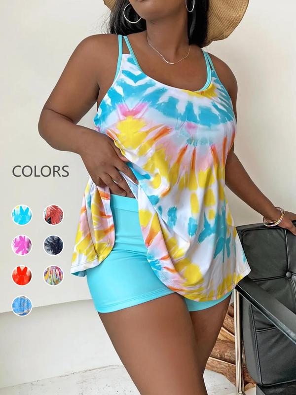 【Plus Size】 Tie Dye Print Cami Top & Shorts Summer Flowy Tankinis Set, Summer Clothes, Casual Sleeveless Spaghetti Strap Top & Shorts, Women's Plus Size Swimsuit