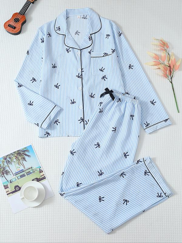 Women's Striped Bow Print Woven Long Sleeve Fitted Pajama Set, Pjs, Sweet Cute Button Front Top and Pants, Casual Loungewear Home Wear for All Seasons, Breathable Nightwear