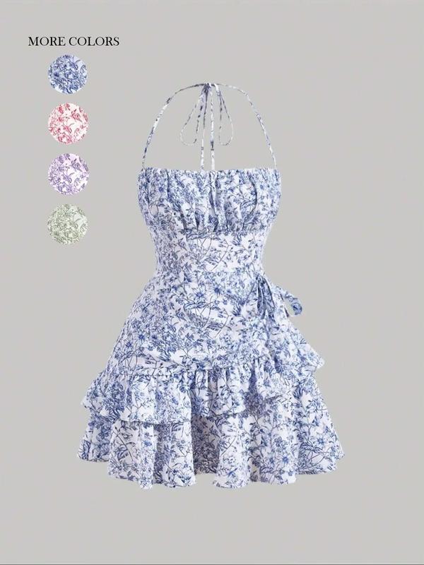 Women's Ditsy Floral Print Ruffle Trim Front and Back Tie Cami Dress, Bohemian Boho Backless Tiered Halter-Neck Short Dress for Beach Holidays, Ladies Summer Clothes