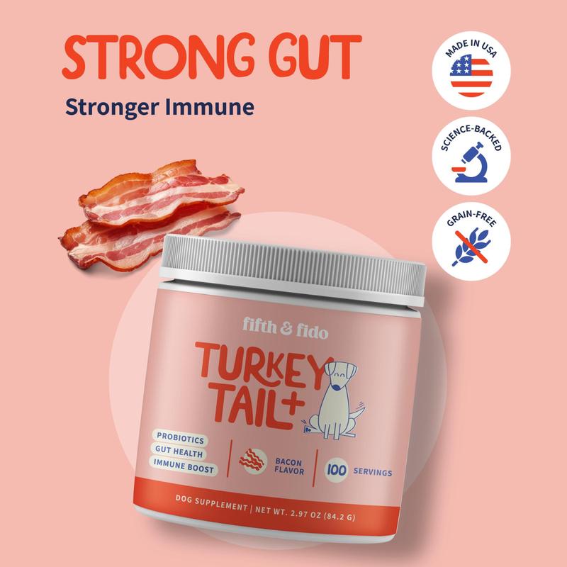 Fifth and Fido Turkey Tail+ Grain-Free Dog Food Topper - Bacon Flavor, Limited Ingredient, Probiotics, Puppy Food Supplement, 100 Servings, Aids Lipomas, Supports Immune & Gut Health, Natural Allergy Relief