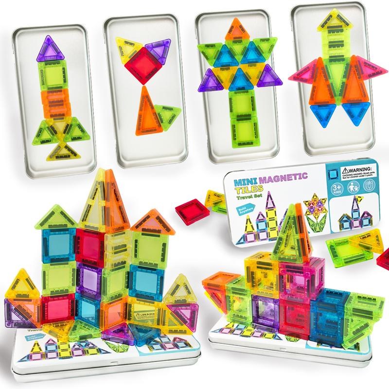 Mini Magnetic Tiles, one box (24PCS/40PCS) Magnetic Building Blocks with Iron Box, Creative Magnetic Blocks, Magnet Toys Travel Size On-The-Go Construction Set STEM Travel Toys for Boys and Girls Ages 3+