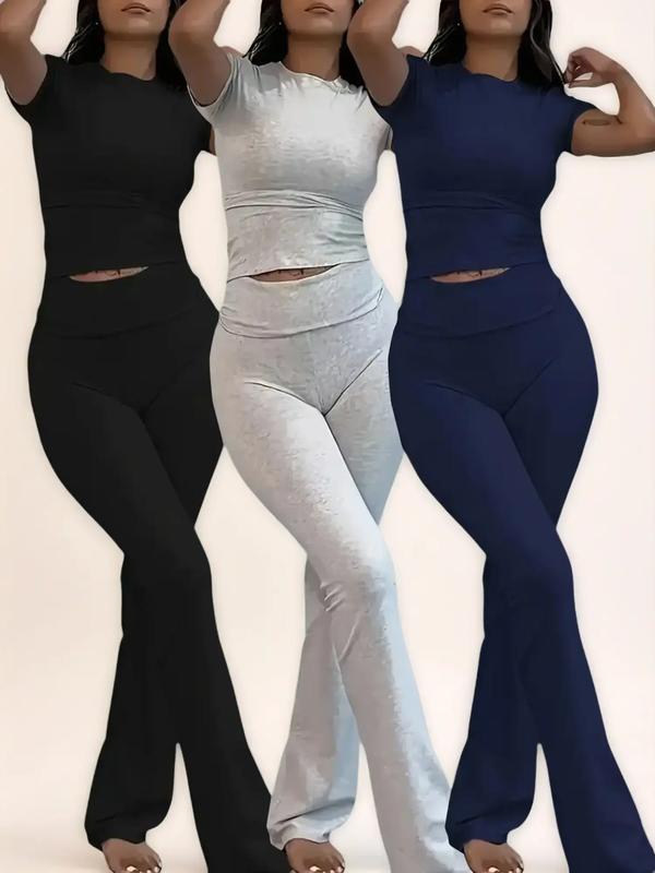 Women's Solid Loungewear Set, Casual Short Sleeve Crop Top & Flare Leg Pants, Ladies Sleepwear for All Seasons, Soft Lounge Sets