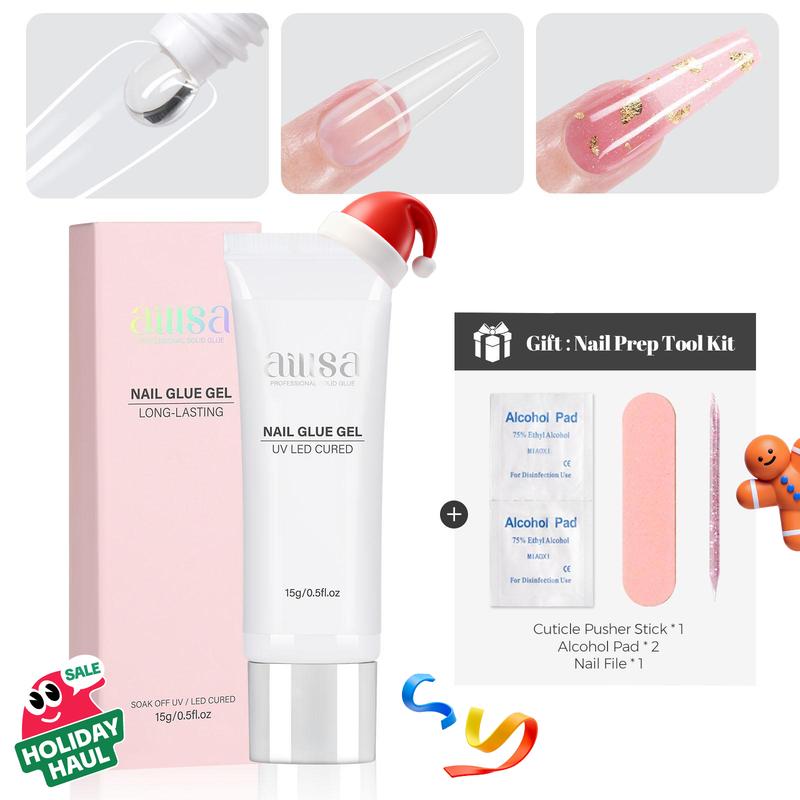 AILLSA Strong Hold Solid Gel Nail Glue 15g/30g UV Lamp Curing Needed Soak Off Long Lasting Easy to Apply Nail Glue for Clear Nail Tips Acrylic Nail Extension Fake Nail Press-ons Nailcare Manicure Cosmetic Winter Nails Glitter