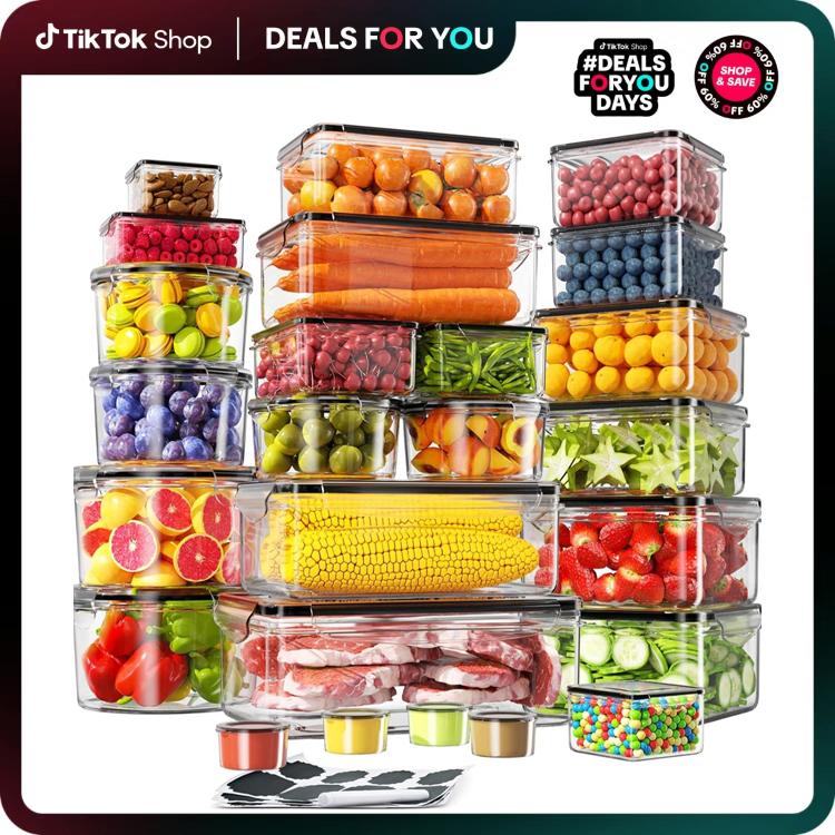 AISOON 50 PCS Airtight Food Storage Containers Set - 85oz Large Square & Round Meal Prep Containers, BPA-Free Leakproof, Washable Polypropylene, Microwave Freezer Safe, Labels & Marker