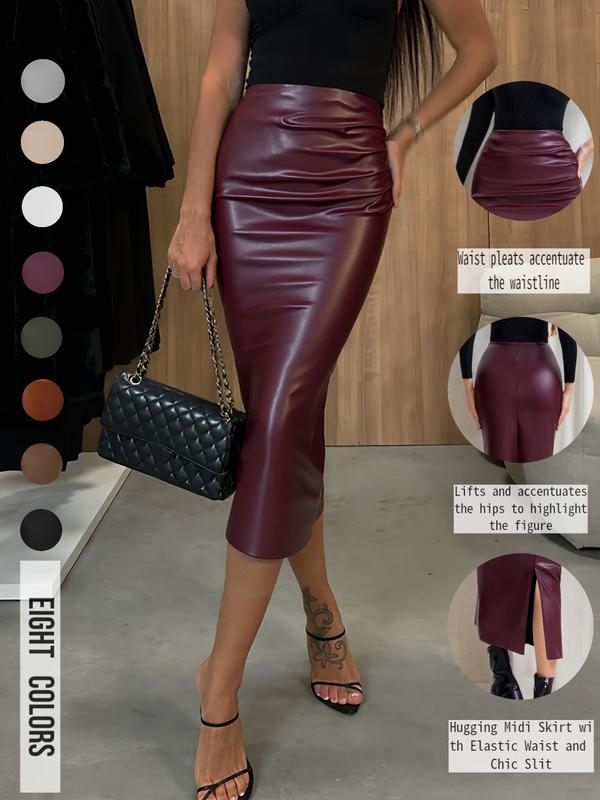 Women's Solid Color Basic High Waist PU Leather Skirt, Fashionable Casual Skirt for Daily Outdoor Wear, Ladies Bottoms for All Seasons