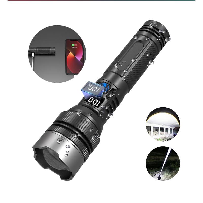 2-in-1 Strong Flashlight (Power Bank)，Digital display of power, Rechargeable，Zoomable, , X4Waterproof, Adjustable Brightness Flash Light for Outdoor, Emergency, Camping Accessories，Black SummerVibes