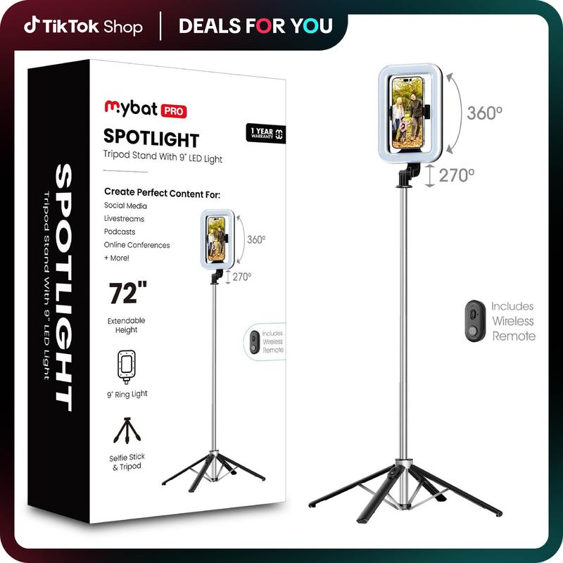 MyBat Pro Upgraded Selfie Stick With Fill Light, 72" Phone Tripod with Wireless Remote, Bluetooth Camera Video Recording for iPhone, Android Vlogging