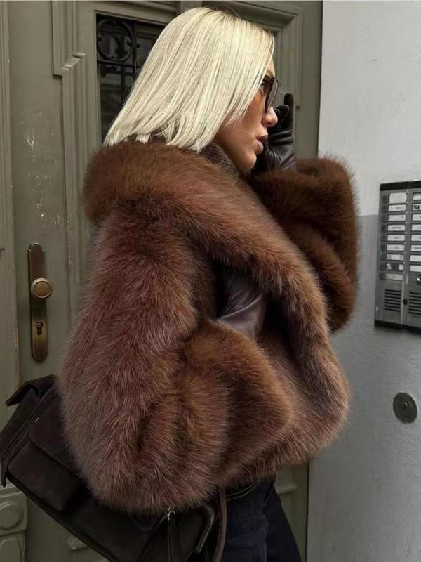 Women's Faux Fur Short Cropped Coat, Woven, Thick Warm Loose Fit Winter Jacket, Outerwear, Luxurious Look, New Fashion Trendy Design, Perfect for Cold Weather