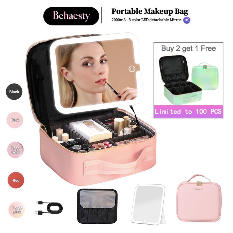 Behaesty Portable Makeup Bag with 3-Color LED Light Detachable Mirror 2000mAh USB Rechargeable Waterproof PU Leather Organizer Compact Travel Cosmetic Pouch Vanity Purse  Zip Summervibes